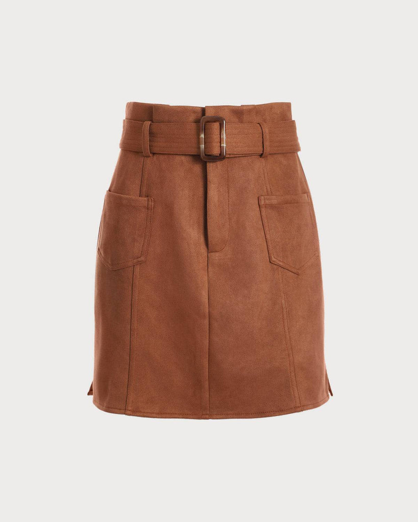 The Solid High Waisted Belted Suede Skirt - RIHOAS
