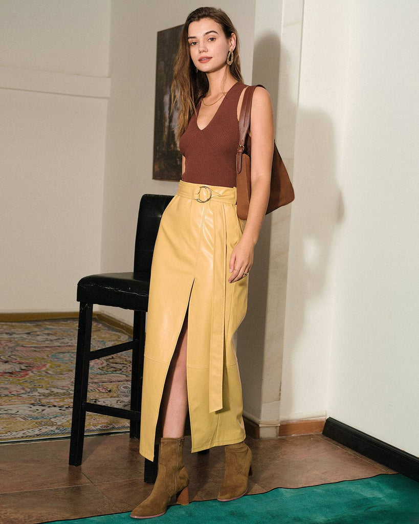 The Solid High Waisted Slit Belted Skirt - RIHOAS