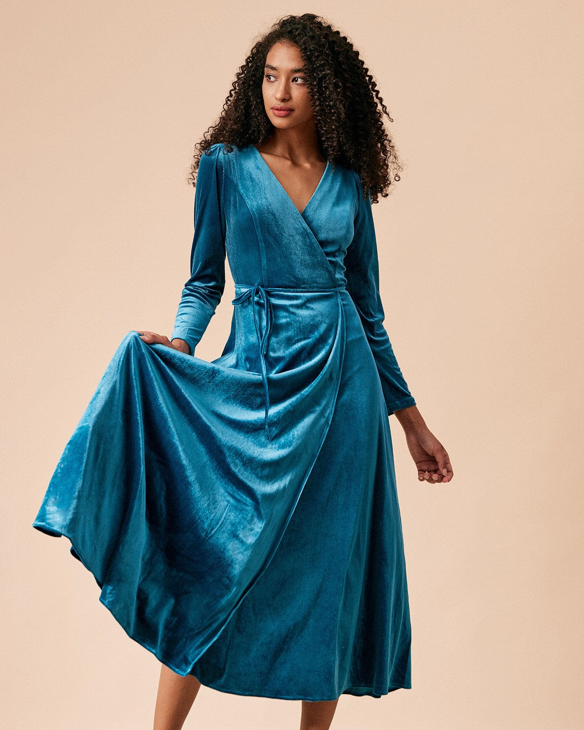 The Blue V Neck Long Sleeve Velvet Dress Blue Velvet Long Sleeve