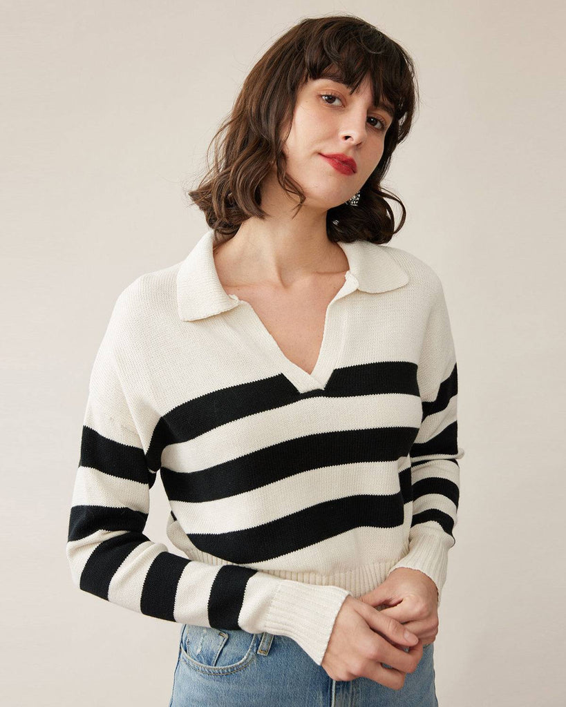 The Stripe Notched Collar Sweater - RIHOAS