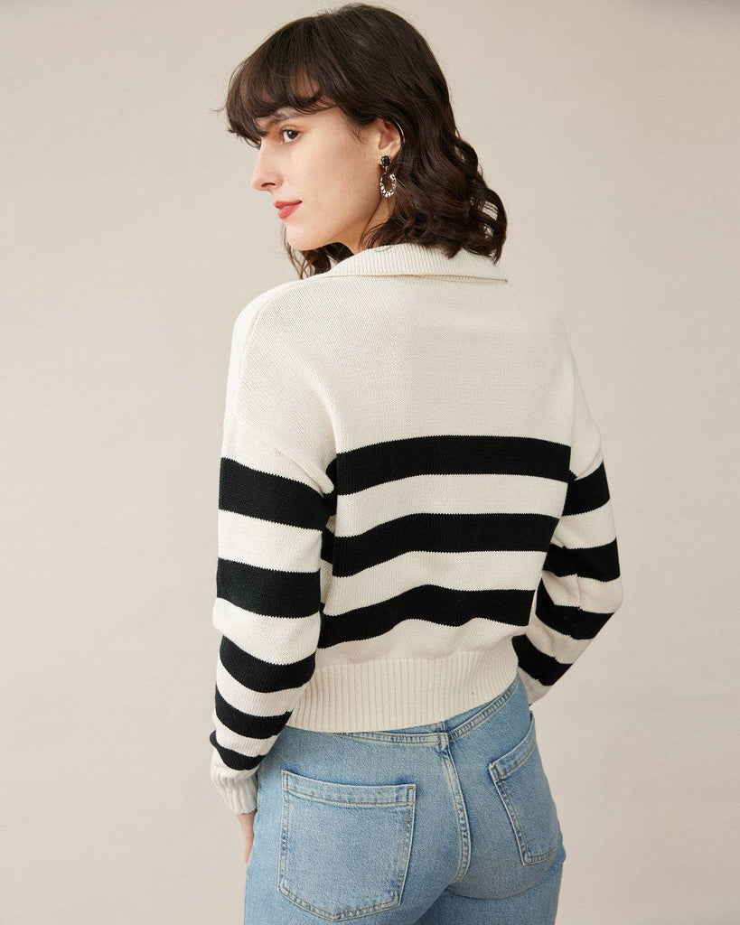 The Stripe Notched Collar Sweater - RIHOAS