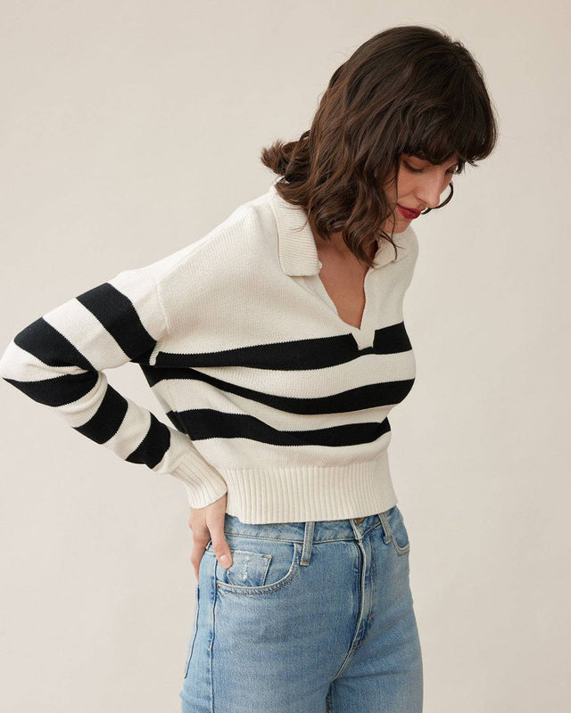 The Stripe Notched Collar Sweater - RIHOAS