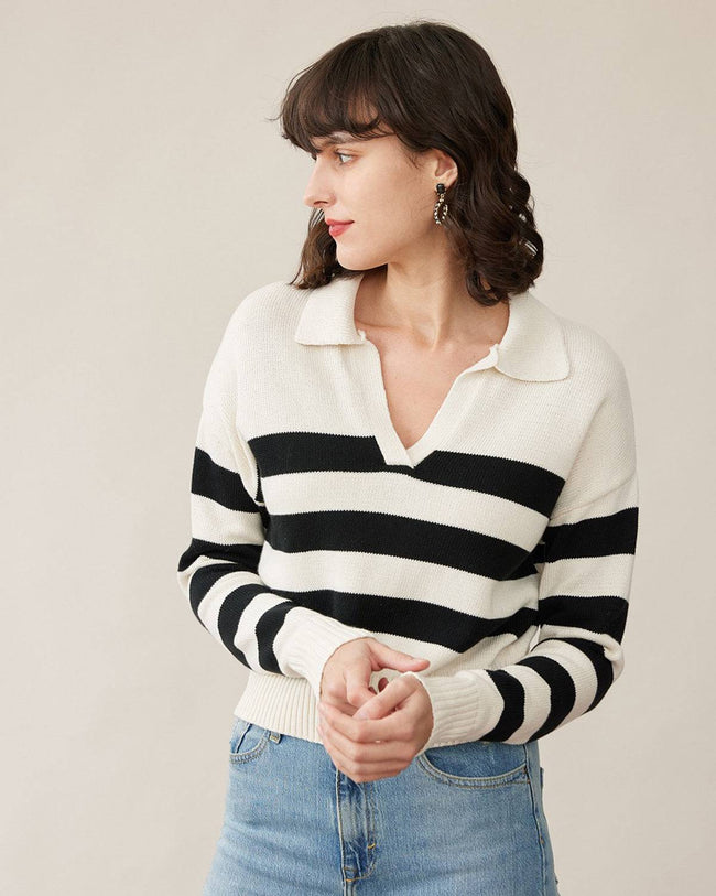 The Stripe Notched Collar Sweater Black White Women s Striped