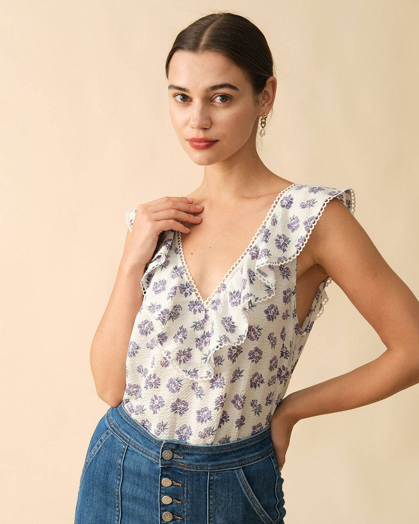 The Ruffle Trim Floral Sleeveless Tank Top - RIHOAS