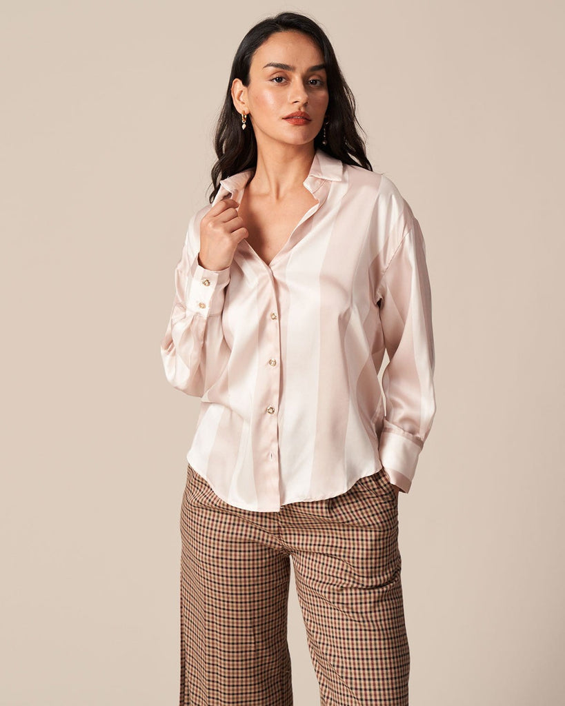 The Apricot Striped Long Sleeves Shirt Tops - RIHOAS