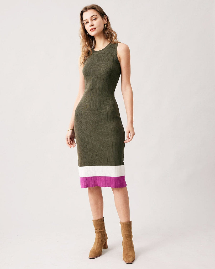 The Army Green Round Neck Ribbed Midi Dress Dresses - RIHOAS