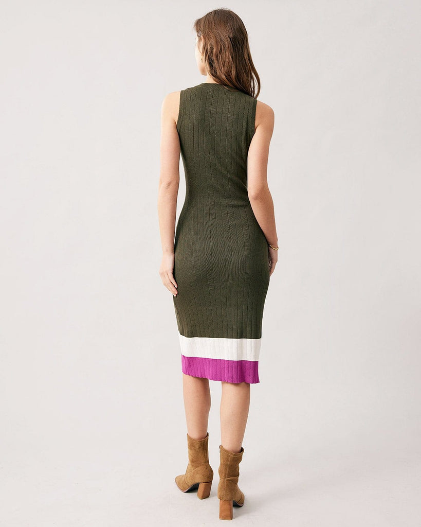 The Army Green Round Neck Ribbed Midi Dress Dresses - RIHOAS