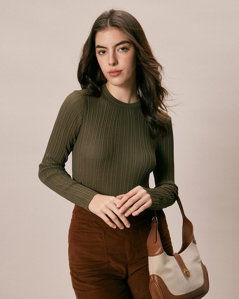 The Army Green Round Neck Solid Knit Top Army Green Tops - RIHOAS