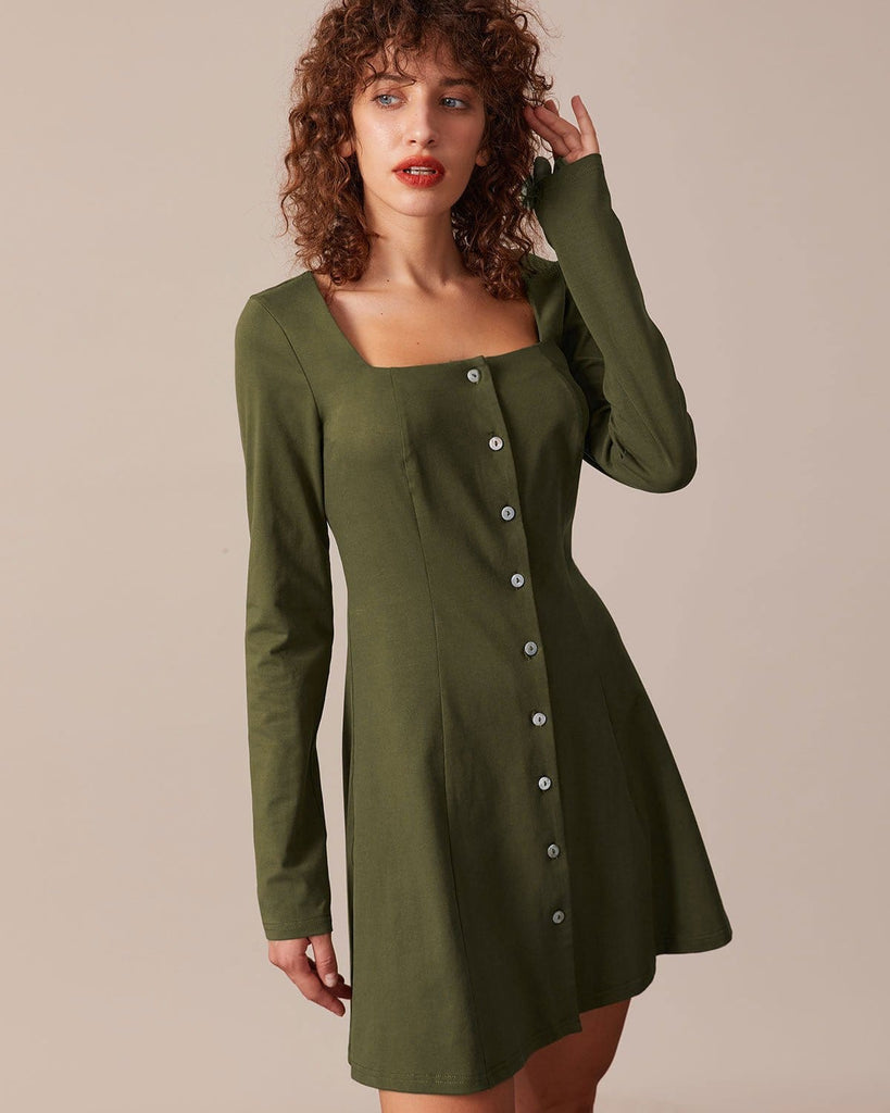 The Army Green Square Neck Button Mini Dress Army Green Dresses - RIHOAS