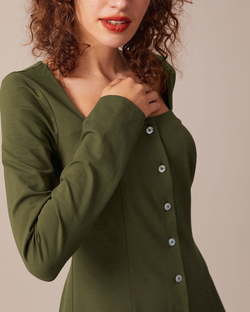 The Army Green Square Neck Button Mini Dress Dresses - RIHOAS