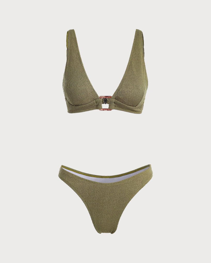 The Army Green V-neck Square Ring Bikini Set Bikinis - RIHOAS