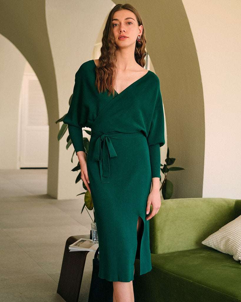 The Batwing Sleeve Belted Sweater Dress Green Dresses - RIHOAS