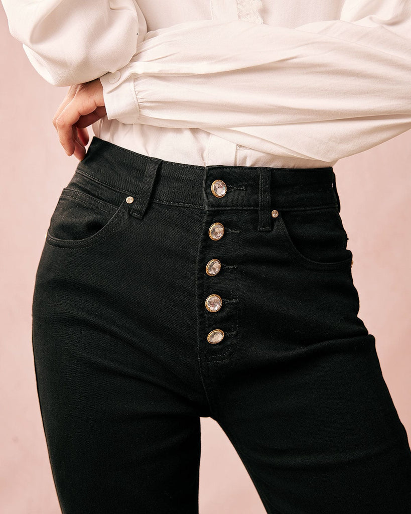 The Beaded Button Straight Jeans Denim - RIHOAS