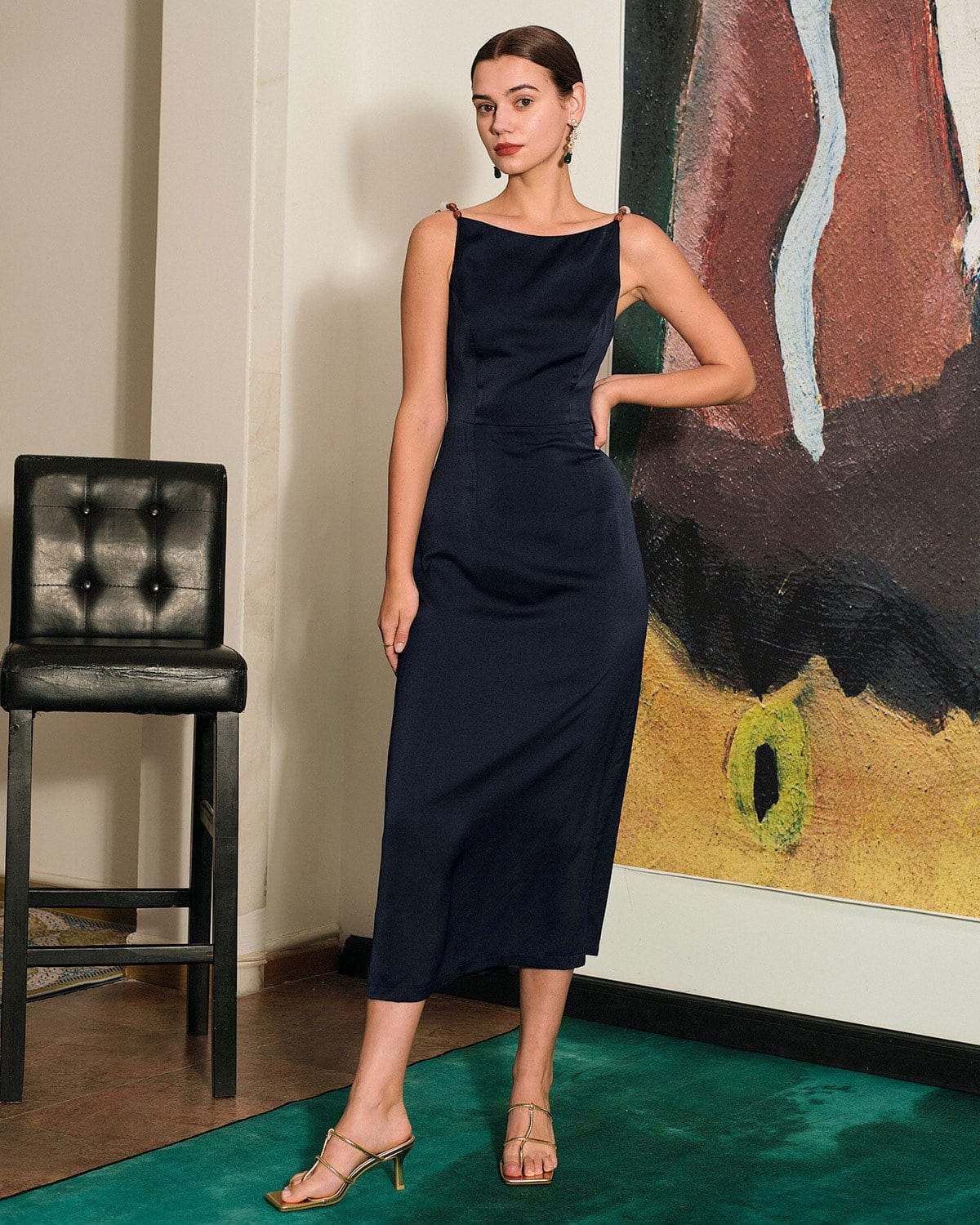 Black satin maxi dress with sales split