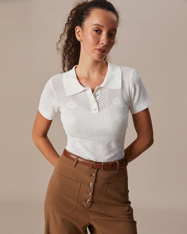 The Beige Collared Button Pointelle Knit Top