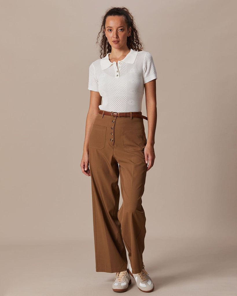 The Beige Collared Pointelle Knit Top Tops - RIHOAS