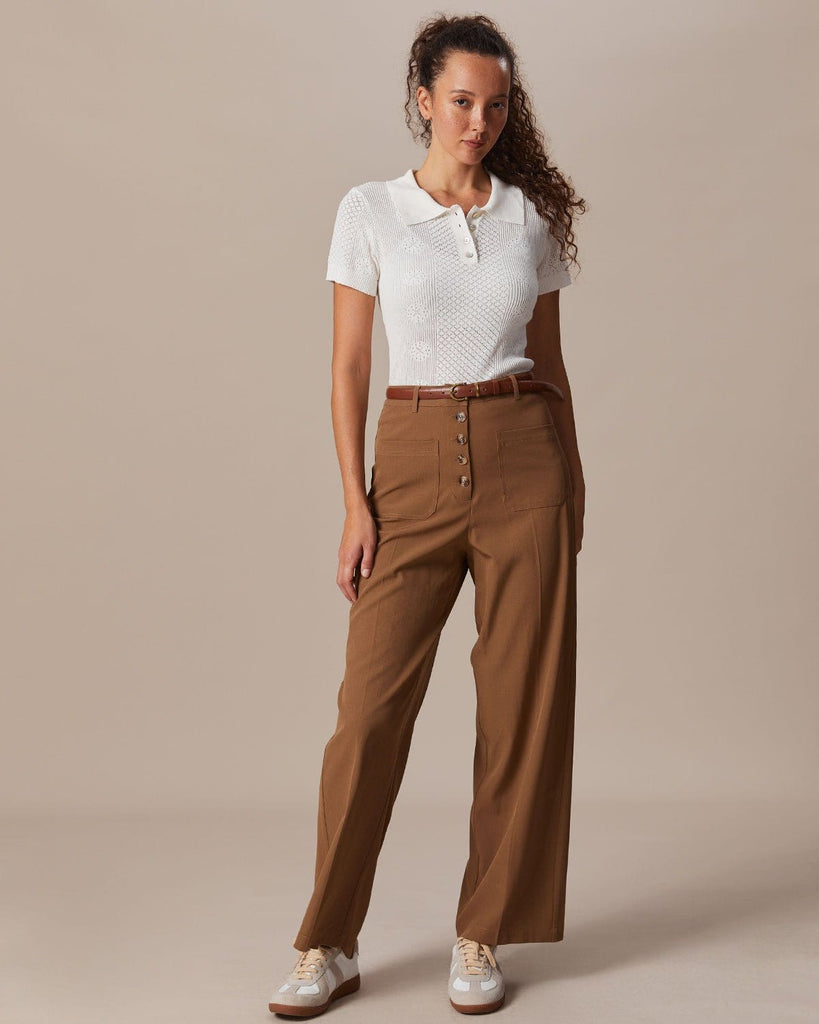 The Beige Collared Pointelle Knit Top Tops - RIHOAS