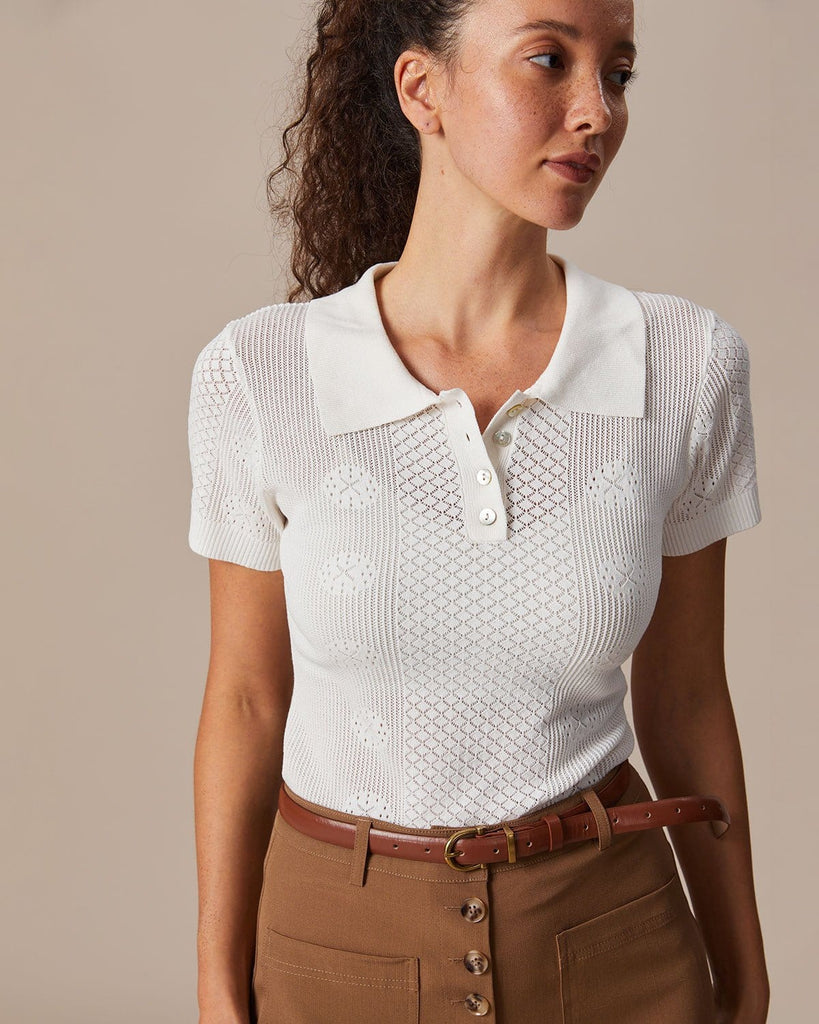 The Beige Collared Pointelle Knit Top Tops - RIHOAS