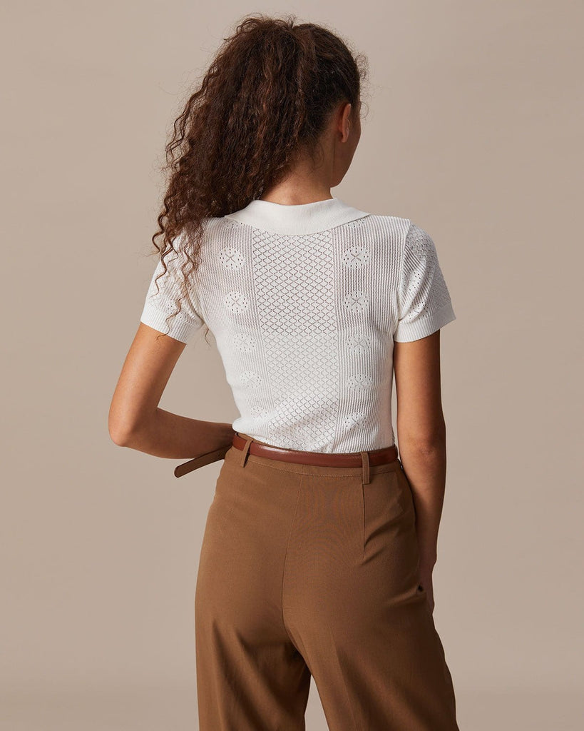 The Beige Collared Pointelle Knit Top Tops - RIHOAS