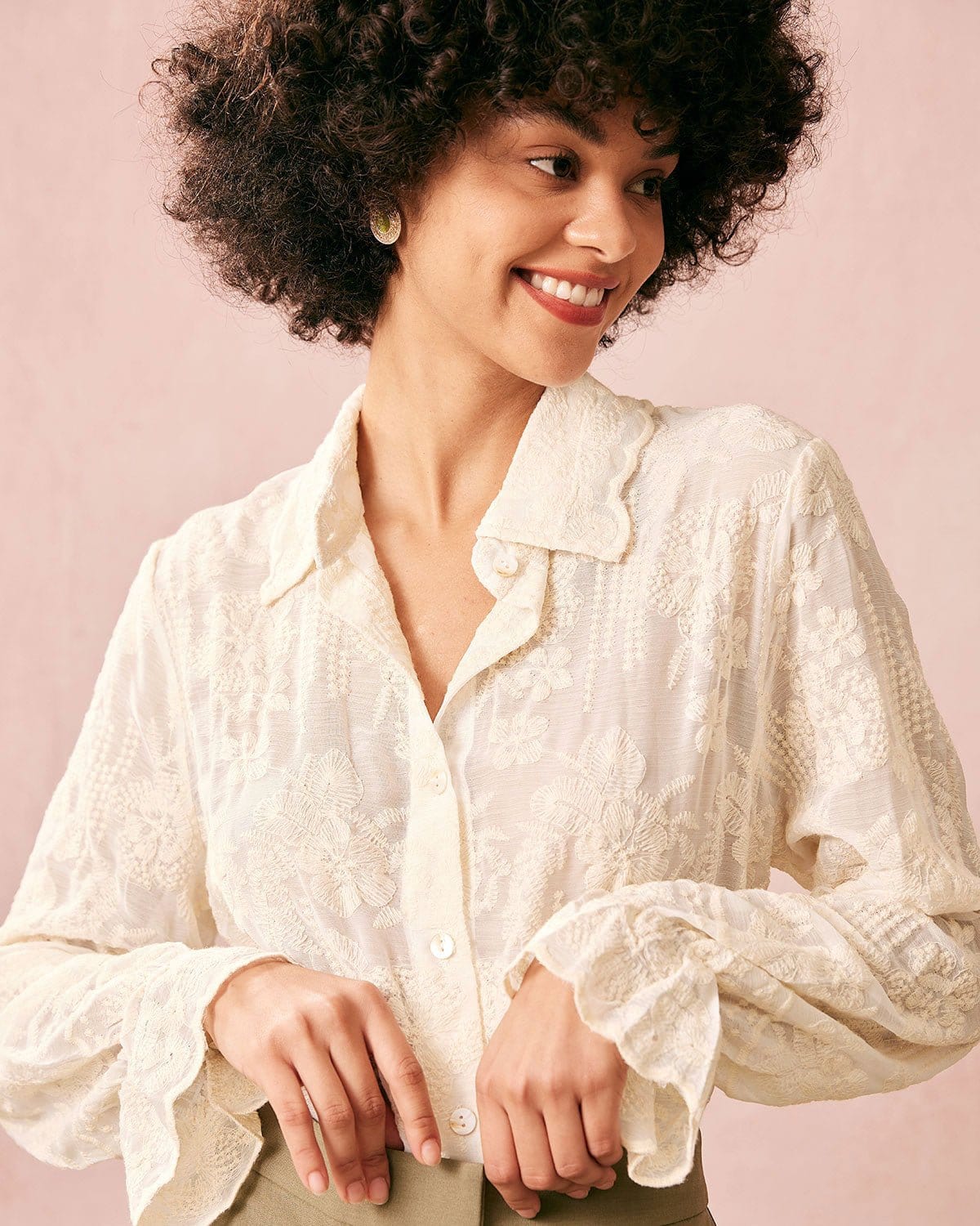 The Beige Lapel Embroidery Long Sleeve Blouse  - M
