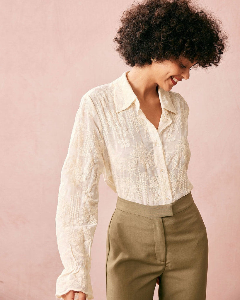 The Beige Floral  Embroidery Blouse Tops - RIHOAS