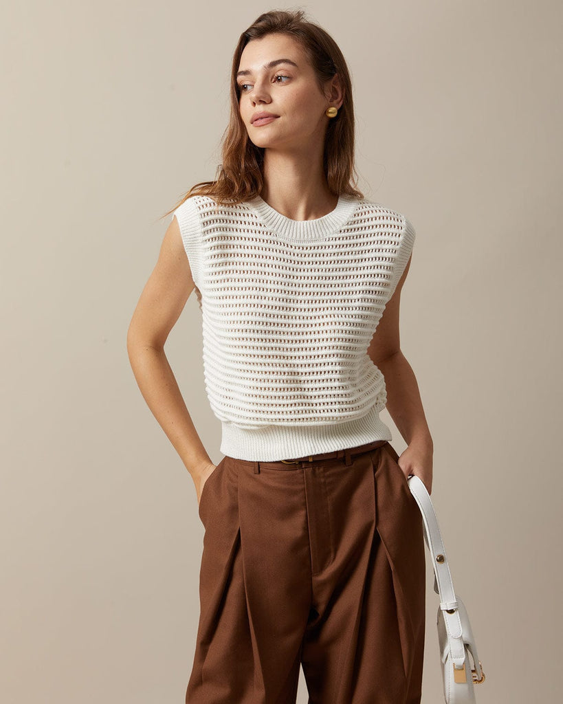 The Beige Pointelle Ribbed Knit Vest Beige Tops - RIHOAS