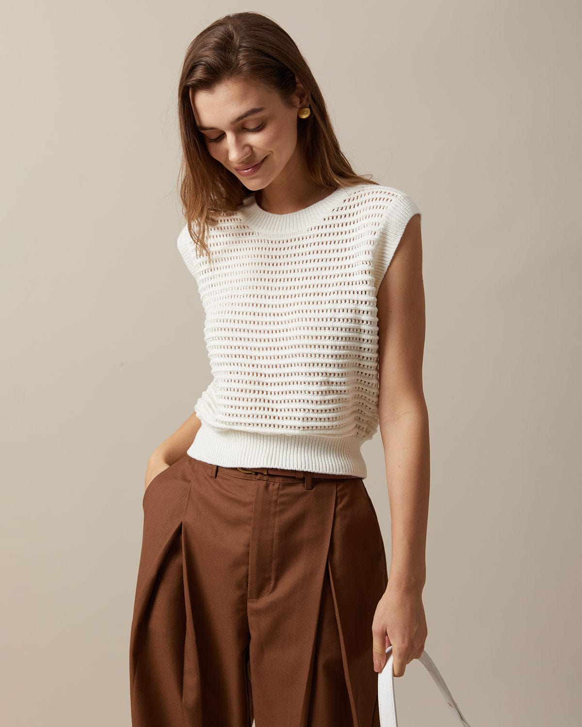 Don't Miss the Pointelle Beige Cropped Loose Knit Tank Top