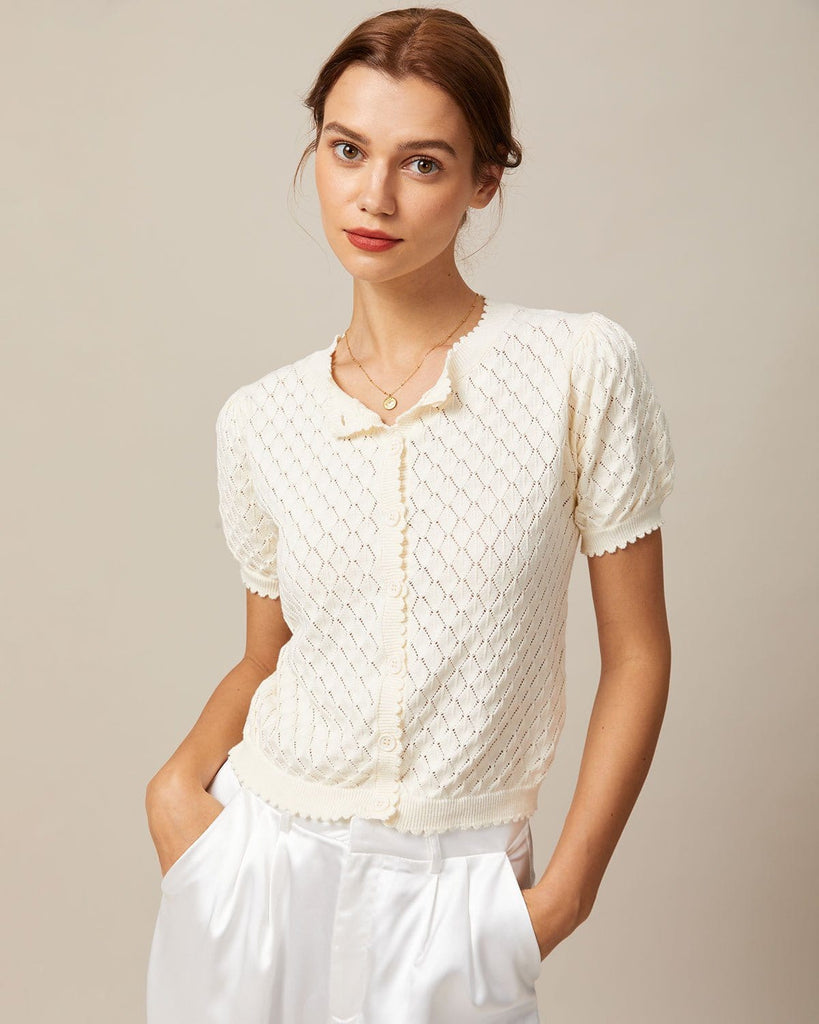 The Beige Puff Sleeve Pointelle Knit Top Beige Tops - RIHOAS