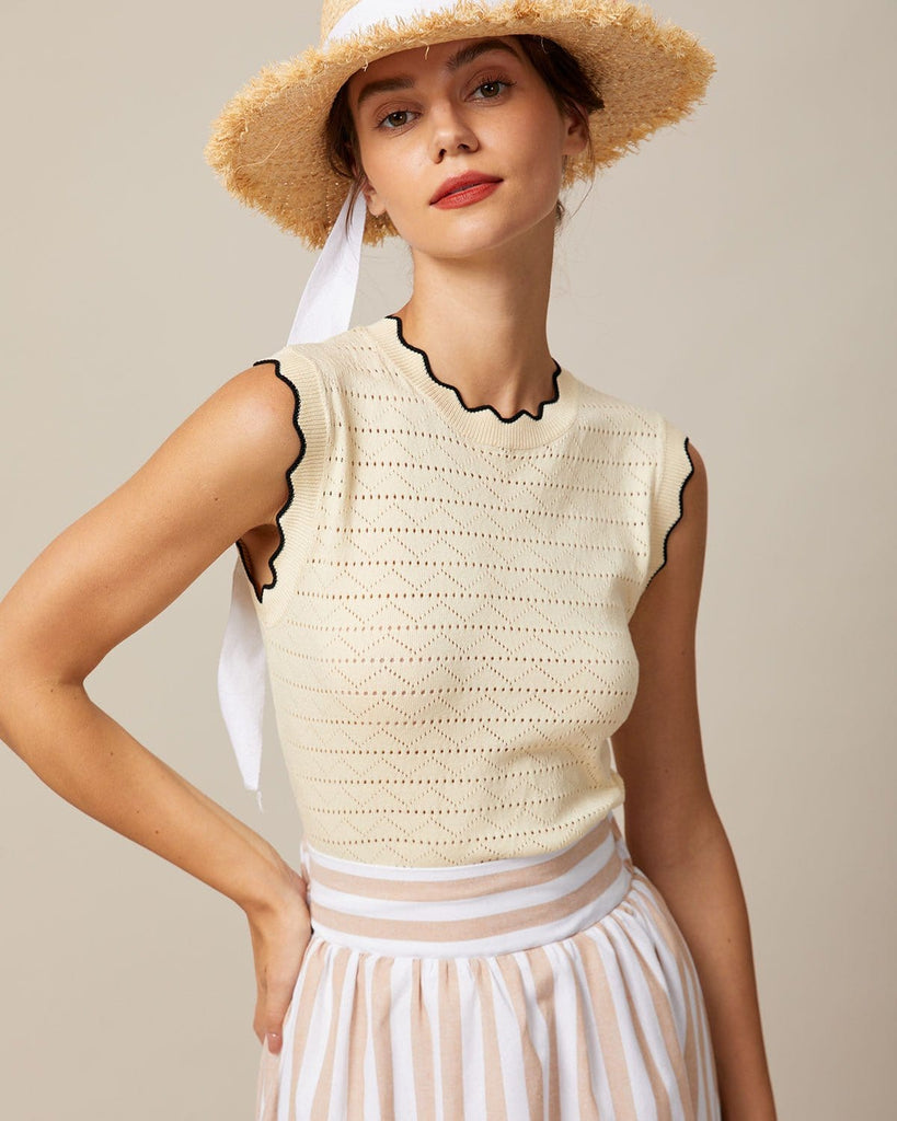 The Beige Scallop Trim Pointelle Knit Tank Top Beige Tops - RIHOAS