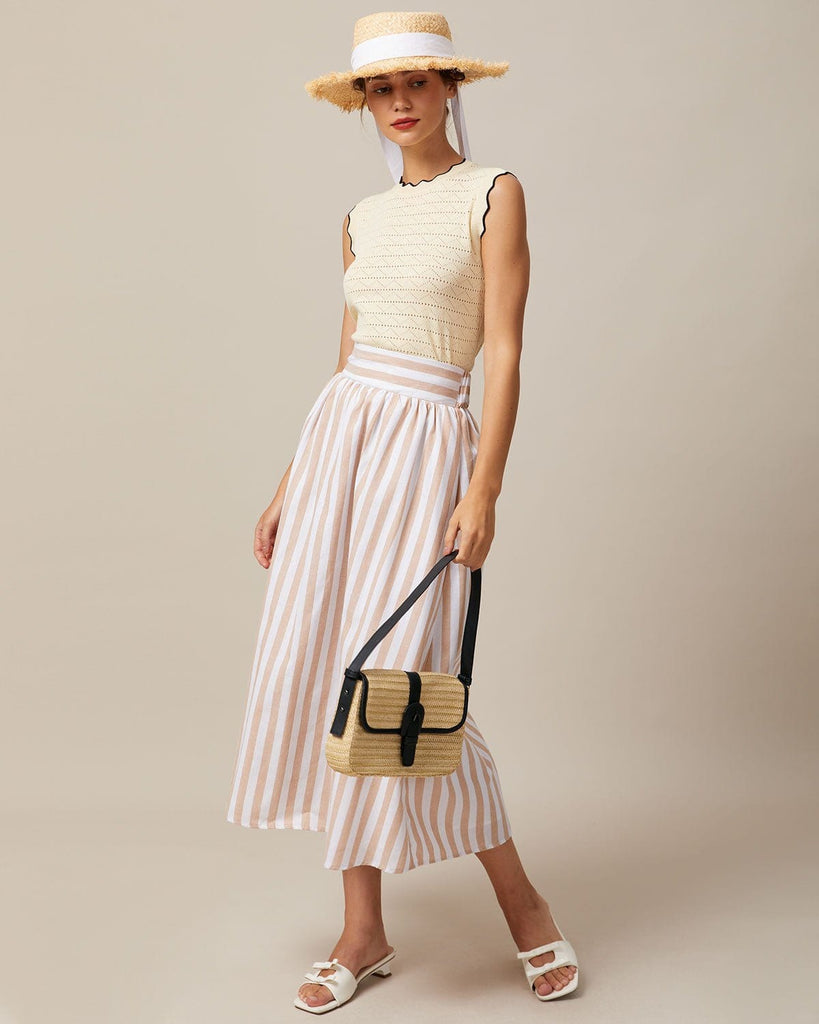 The Beige Scallop Trim Pointelle Knit Tank Top Tops - RIHOAS