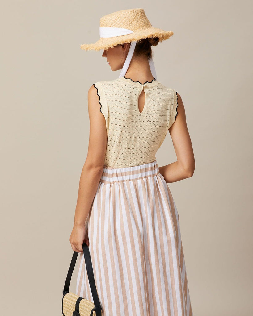 The Beige Scallop Trim Pointelle Knit Tank Top Tops - RIHOAS