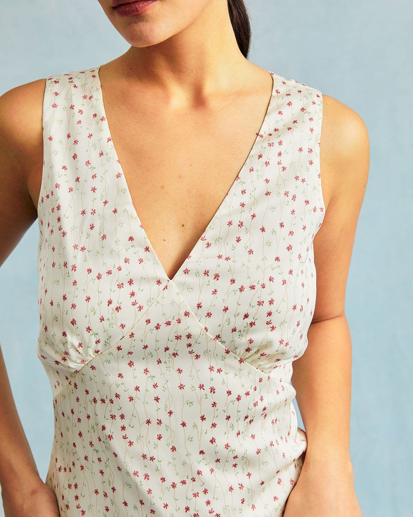 The Beige V-Neck Sleeveless Floral Mini Dress Dresses - RIHOAS