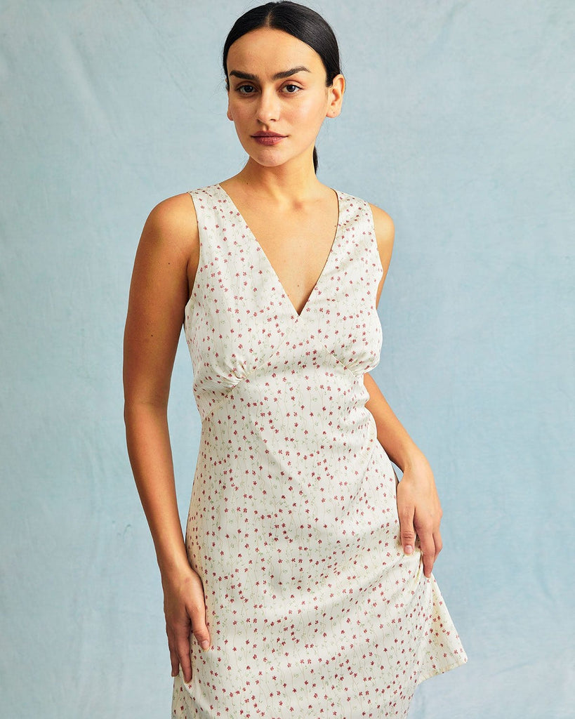 The Beige V-Neck Sleeveless Floral Mini Dress Dresses - RIHOAS