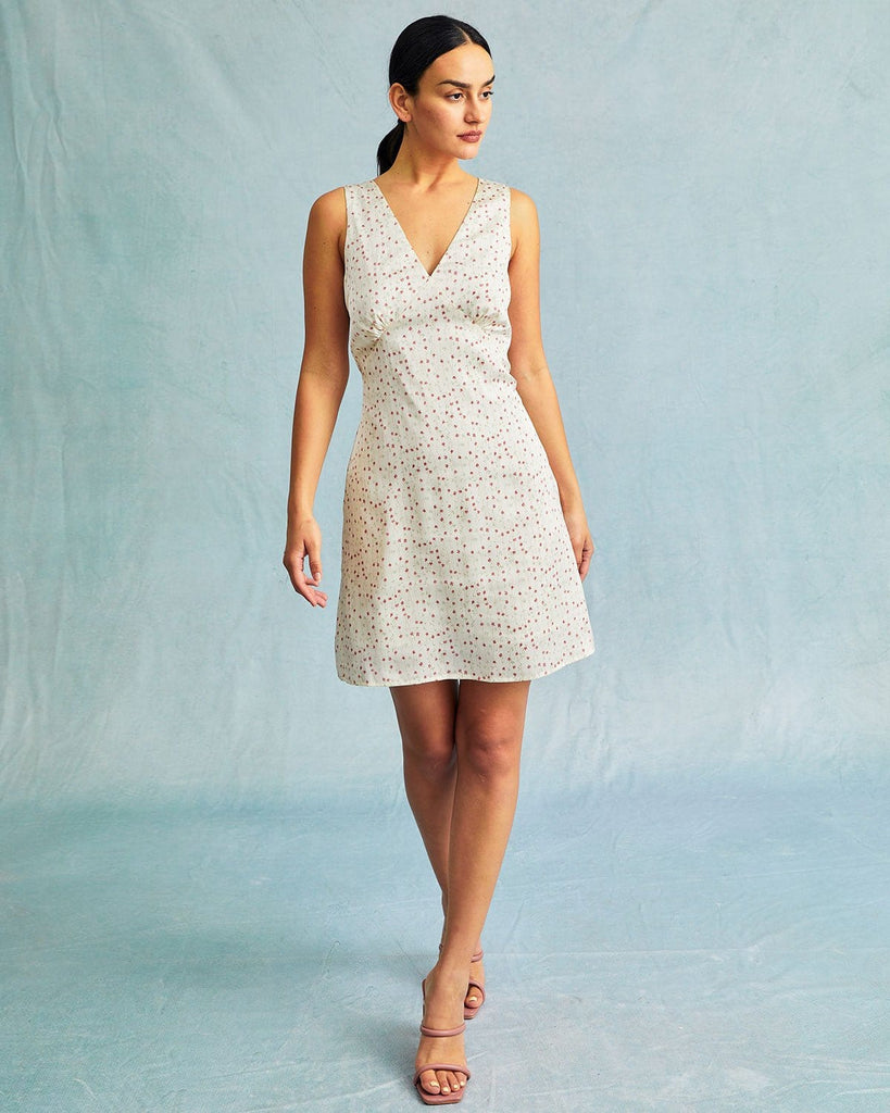 The Beige V-Neck Sleeveless Floral Mini Dress Dresses - RIHOAS