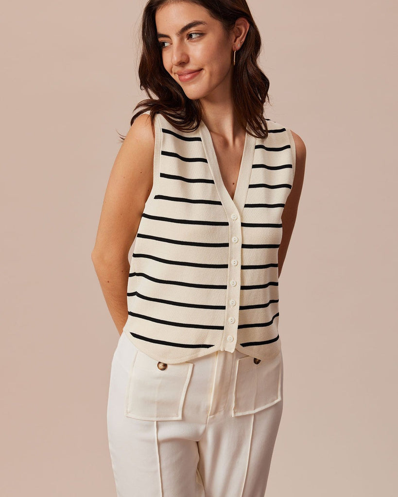 The Beige V-Neck Striped Vest Tops - RIHOAS