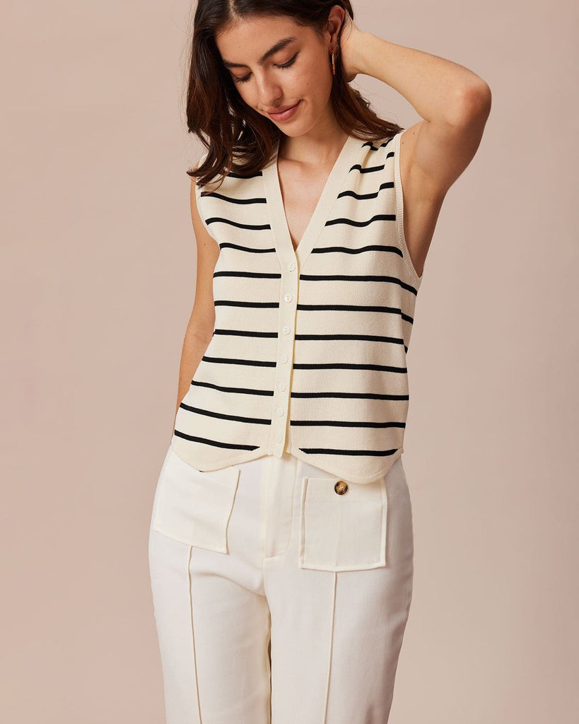 The Beige V-Neck Striped Vest Tops - RIHOAS