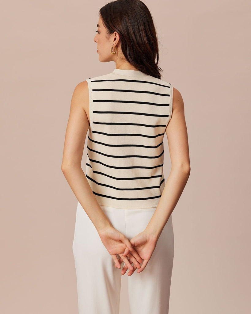 The Beige V-Neck Striped Vest Tops - RIHOAS