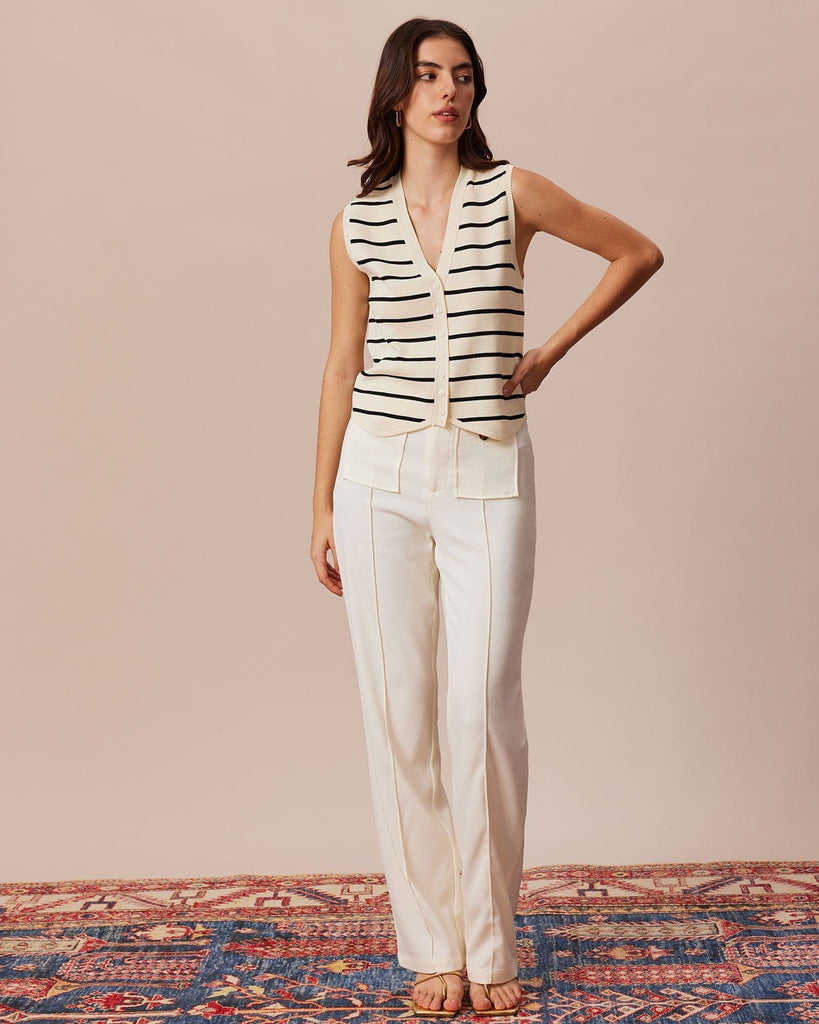 The Beige V-Neck Striped Vest Tops - RIHOAS