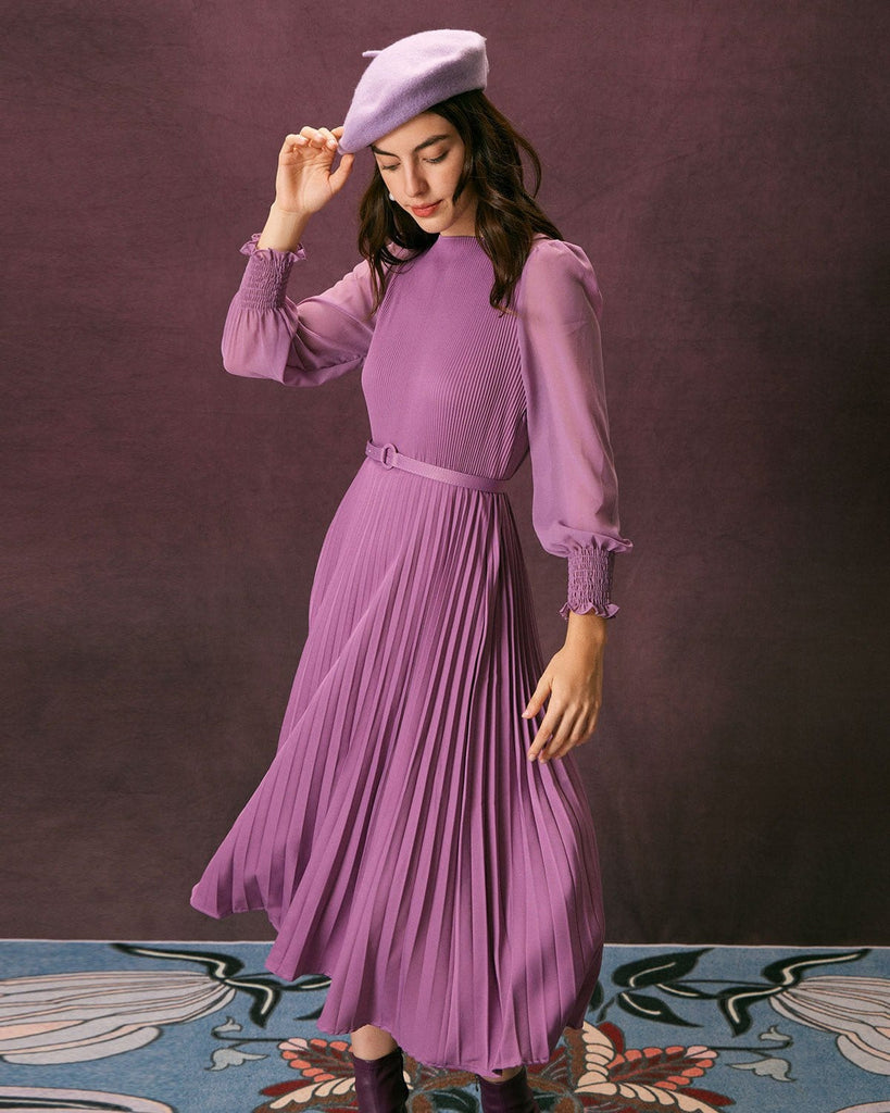 The Belt Round Neck Pleated Dress Dresses - RIHOAS