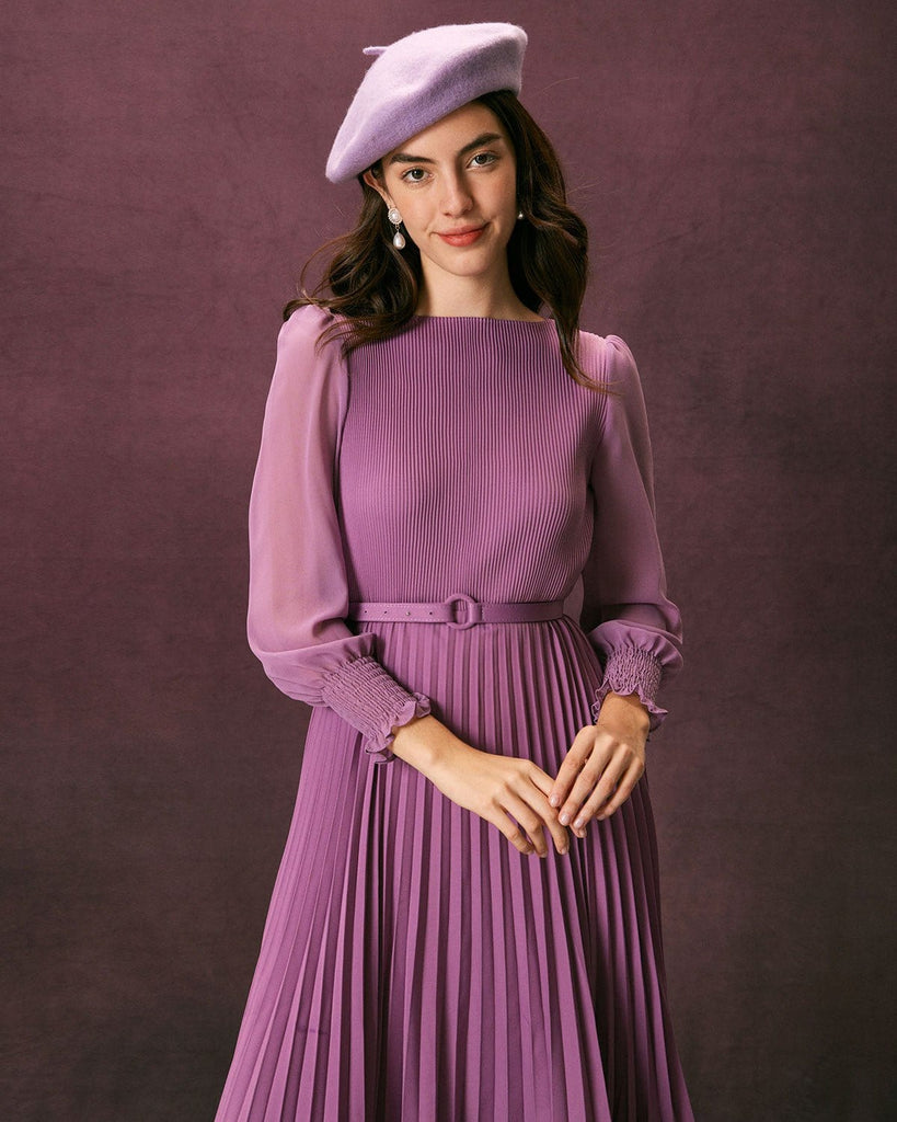 The Belt Round Neck Pleated Dress Dresses - RIHOAS