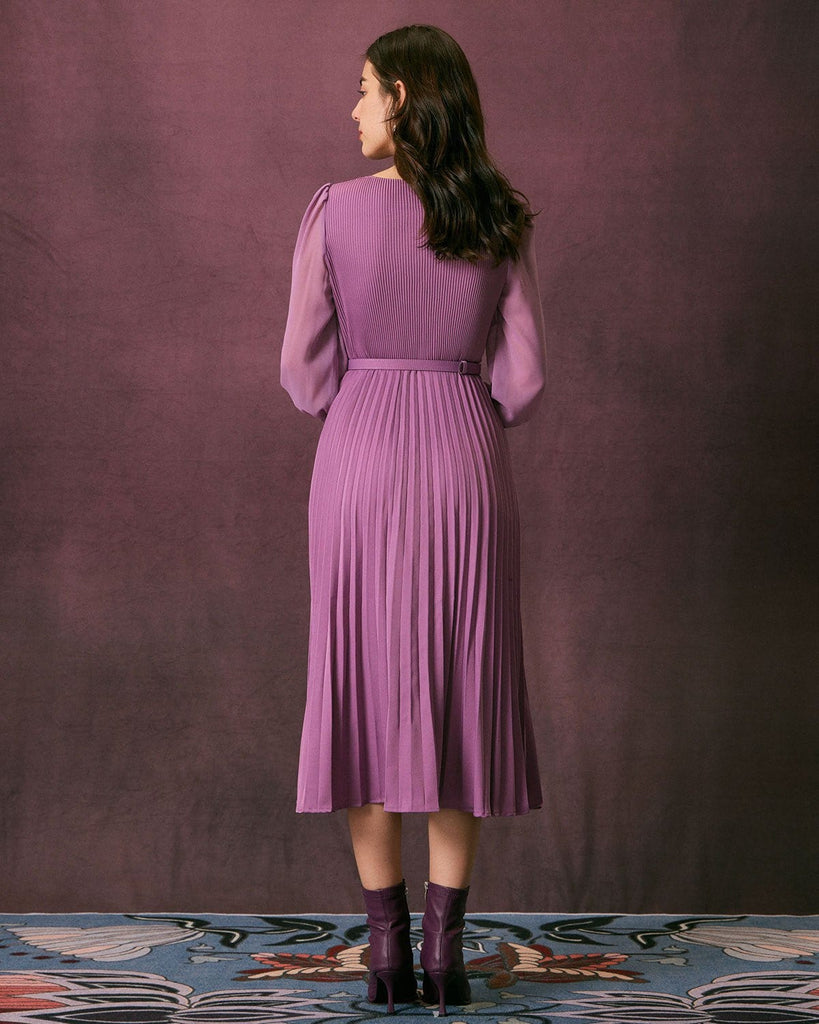 The Belt Round Neck Pleated Dress Dresses - RIHOAS