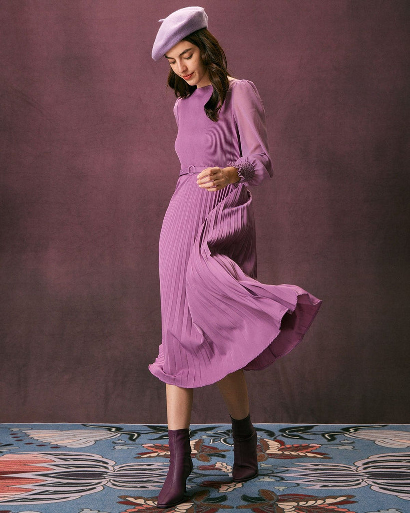 The Belt Round Neck Pleated Dress Purple Dresses - RIHOAS