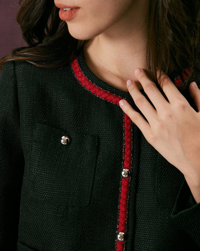 Rihoas Colorblock Button Tweed Jacket for Women, Black / XL