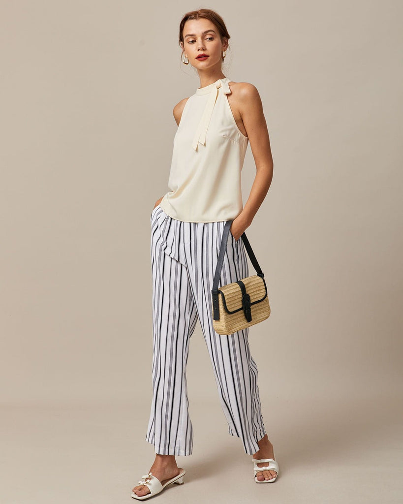 The Black Elastic Waist Striped Pants Bottoms - RIHOAS