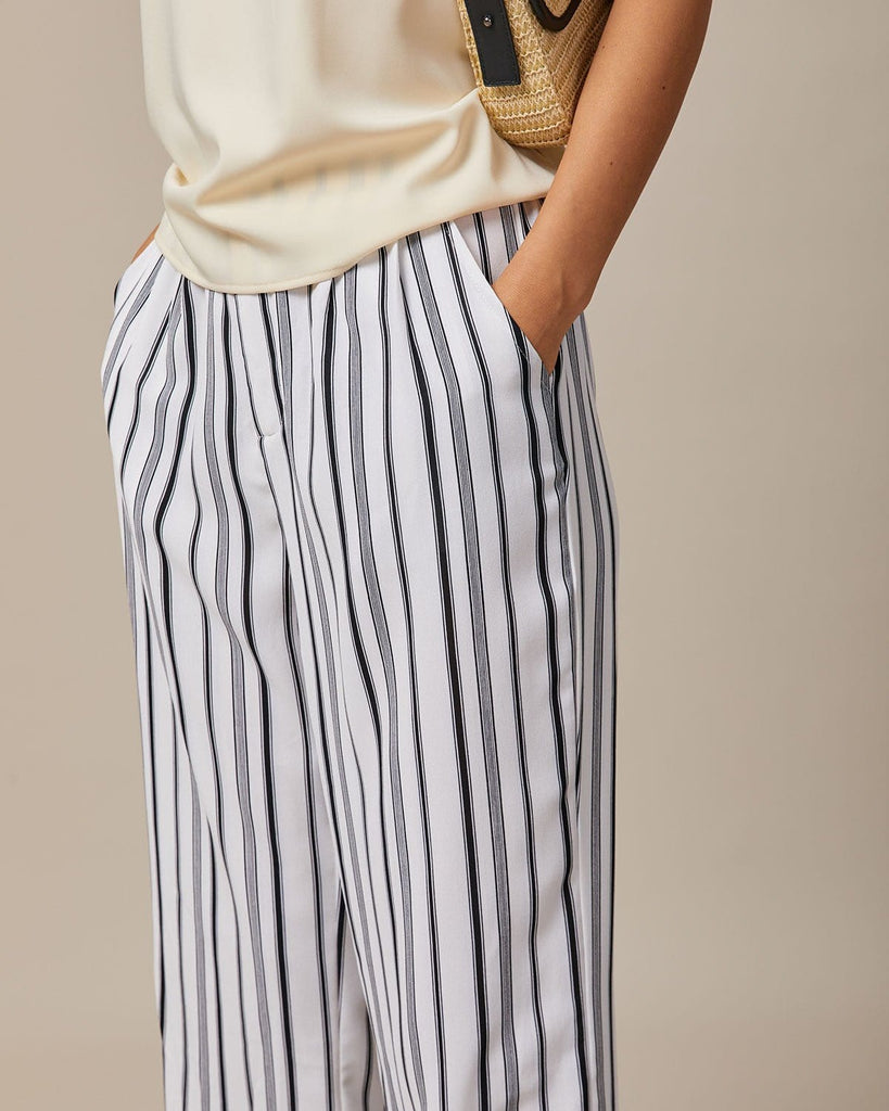 The Black Elastic Waist Striped Pants Bottoms - RIHOAS