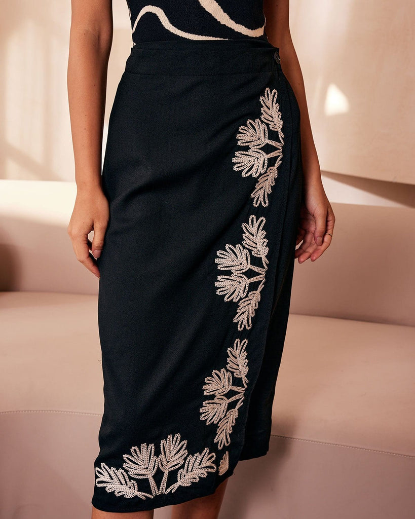 The Black Embroidery Wrap Midi Skirt Black Bottoms - RIHOAS