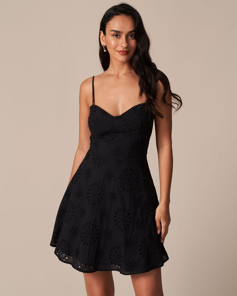 The Black Eyelet Embroidery Mini Dress Black Dresses - RIHOAS
