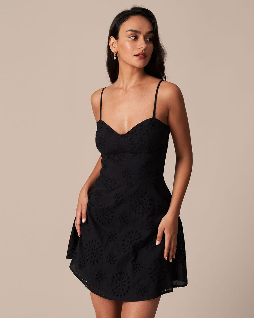 The Black Eyelet Embroidery Mini Dress Dresses - RIHOAS