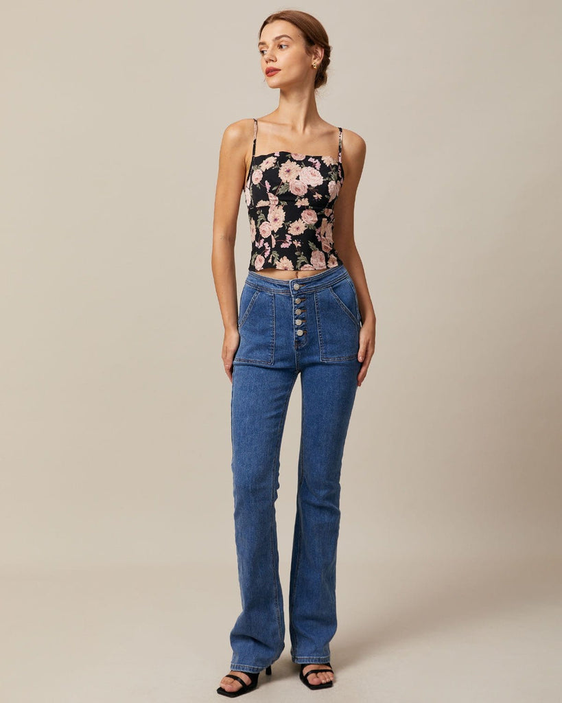 The Black Floral Shirred Back Cami Top Tops - RIHOAS