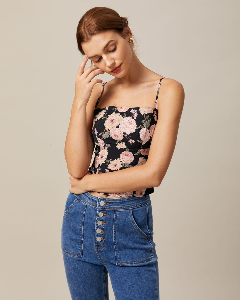 The Black Floral Shirred Back Cami Top Tops - RIHOAS